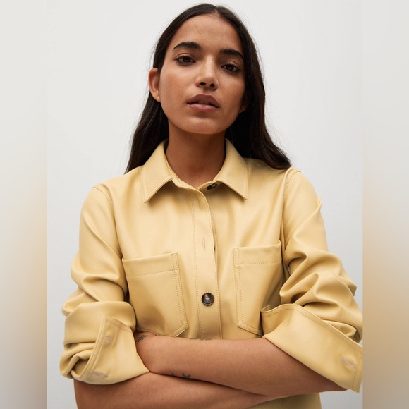 Mango Yellow Faux Leather Shirt Dress sz 2 - Picture 6 of 12